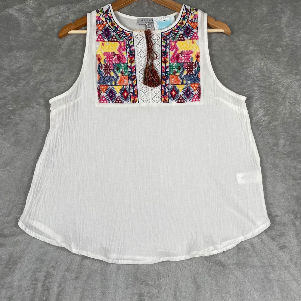 Hayden Los Angeles White Gauze Embroidered Tassel Boho Tank Top Medium NEW